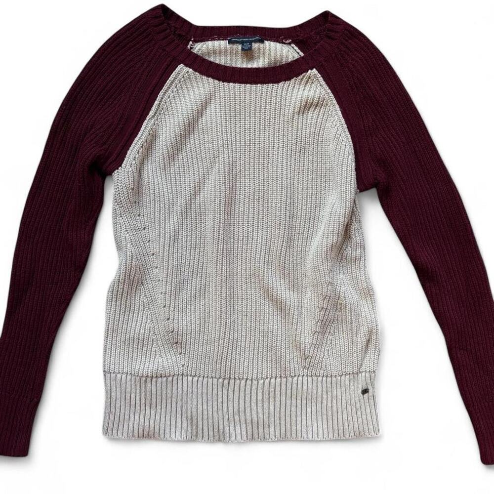 American Eagle Outfitters Burgundy & Cream Sweater - M